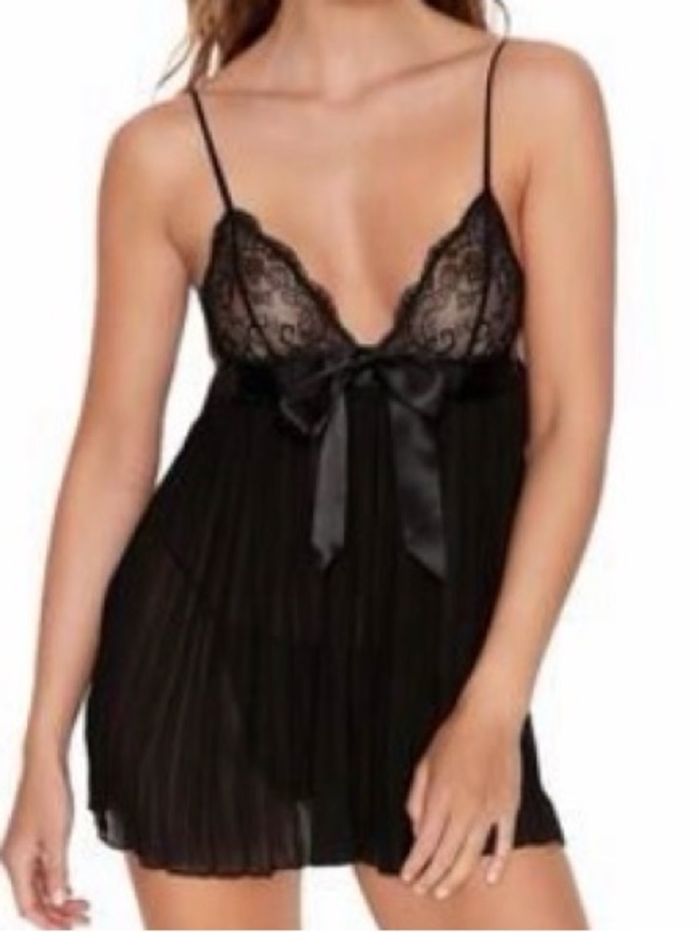 Victoria’s Secret Black Lace Trim Pleated Babydoll Nightgown